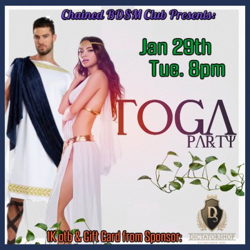 chained2017's tweet photo. $1K for"Toga Party" Sponosred By: DictatorShop w/ Ziva! 
DJ* Ziva
Host*Sin
Dancer*Jade
Prize $1K OTB &amp; Giftcard to top winner from DictatorShop!
When*8pm - 10pm 
Where* CHAINED BDSM CLUB
LYFT: https://t.co/heaUMiYD6o #SecondLife #SL #SecondLifeEvents #SLEvents #Secondnightlife https://t.co/vBqyil8iZk