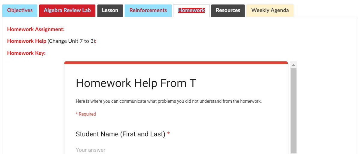 ThompsonGHSMath's tweet photo. Embedding a Homework Help Form in my Daily Agenda Page has saved a TON of time in our crazy schedule! Knowing the questions ahead of class time helps preparation and maximizes class time! #CertifySPS https://t.co/ik6ccM3o9B