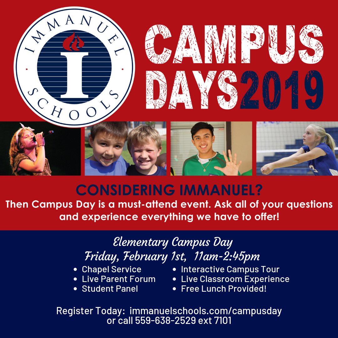 ImmanuelbyFaith's tweet photo. Elementary Campus Day is this Friday!! Make sure to register, and invite others to join us for this special time ๐๐ฆ
#GoEagles #BlueFlu #WeLoveOurSchool #ComeSeeWhy https://t.co/mXYLqRvdjP