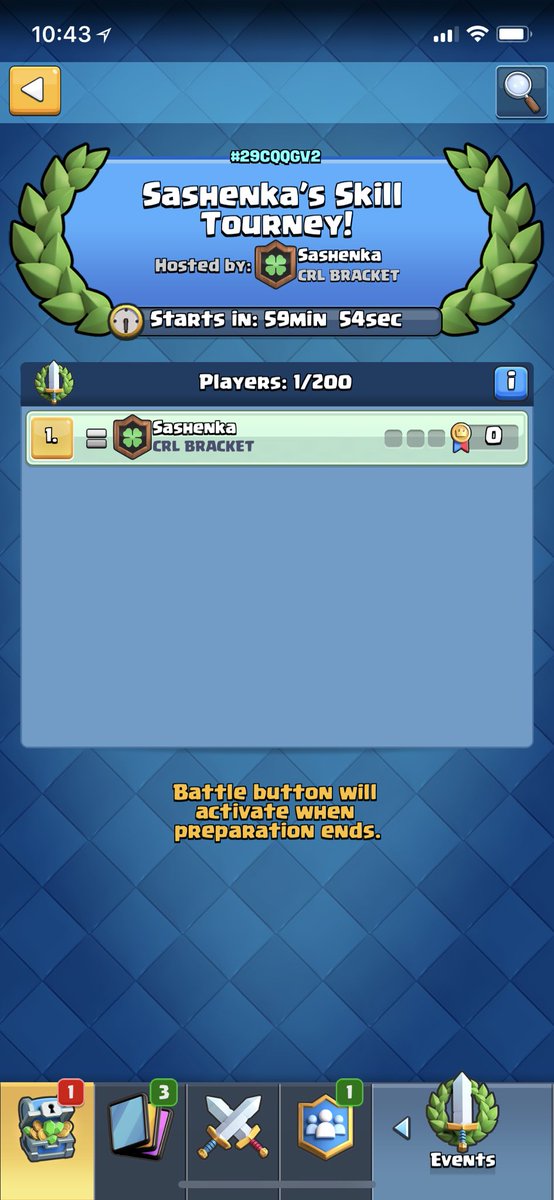 BREAKING NEWS: 

Sashenka’s Skill Tournament Today!

🥇Wins a chance to push a maxed account &amp; $10! 

200 Spots open!

Begins in 1 hour &amp; lasts 1 day!

To enter:

🔹Like &amp; RT this tweet
🔸 DM me with a picture of your CR profile (you must have 20 wins no exceptions!)