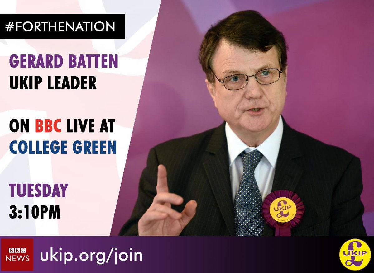 UKIP's tweet photo. UKIP Leader @GerardBattenMEP will be live from College Green on the BBC News Channel.

Tuesday 29 January at 3.10pm, ahead of the critical Brexit amendment votes in the House of Commons. https://t.co/KFeErTDz6g