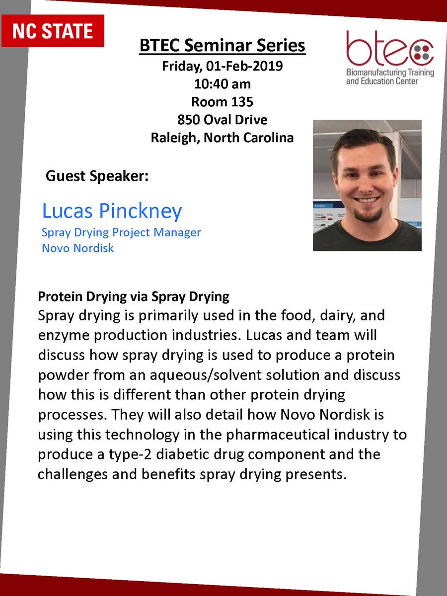 The BTEC Seminar speaker this week will be a team from Novo Nordisk discussing the application of spray drying technology for protein pharmaceuticals. Come join us this Friday, Feb 1st at 10:40 am in BTEC 135.