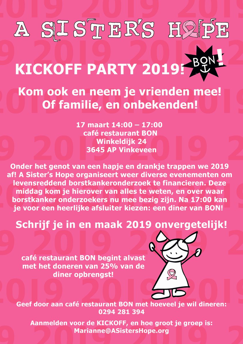 ASistersHope's tweet image. Since A Sister's Hope now is the ONLY charity in The Netherlands with the ONE PURPOSE of raising vital funds for breast cancer research, we invite anyone and everyone to join us March 17 at Cafe Bon in Vinkeveen to kick off the 2019 fundraising year!