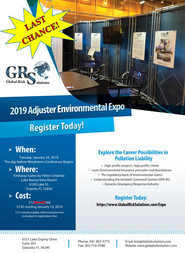 GlobalRiskSolu1's tweet photo. Last Chance! Today is the last day to register for the 2019 Adjuster Environmental Expo tomorrow in Orlando! Come learn about how GRS is leading the way in this growing segment of the adjusting industry!

Register now: https://t.co/nJJHI8gDsx https://t.co/ykTFOacKuU