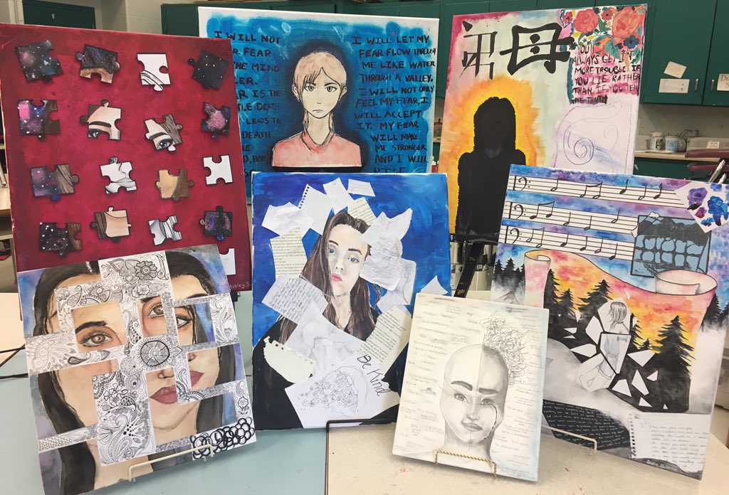 MsMckibbin's tweet photo. Love when the course content can be internalized and applied so beautifully. Grade 9 NAC students end their year with “self-portraits” exploring identity. #LCVI https://t.co/6N4Ql1ysbZ