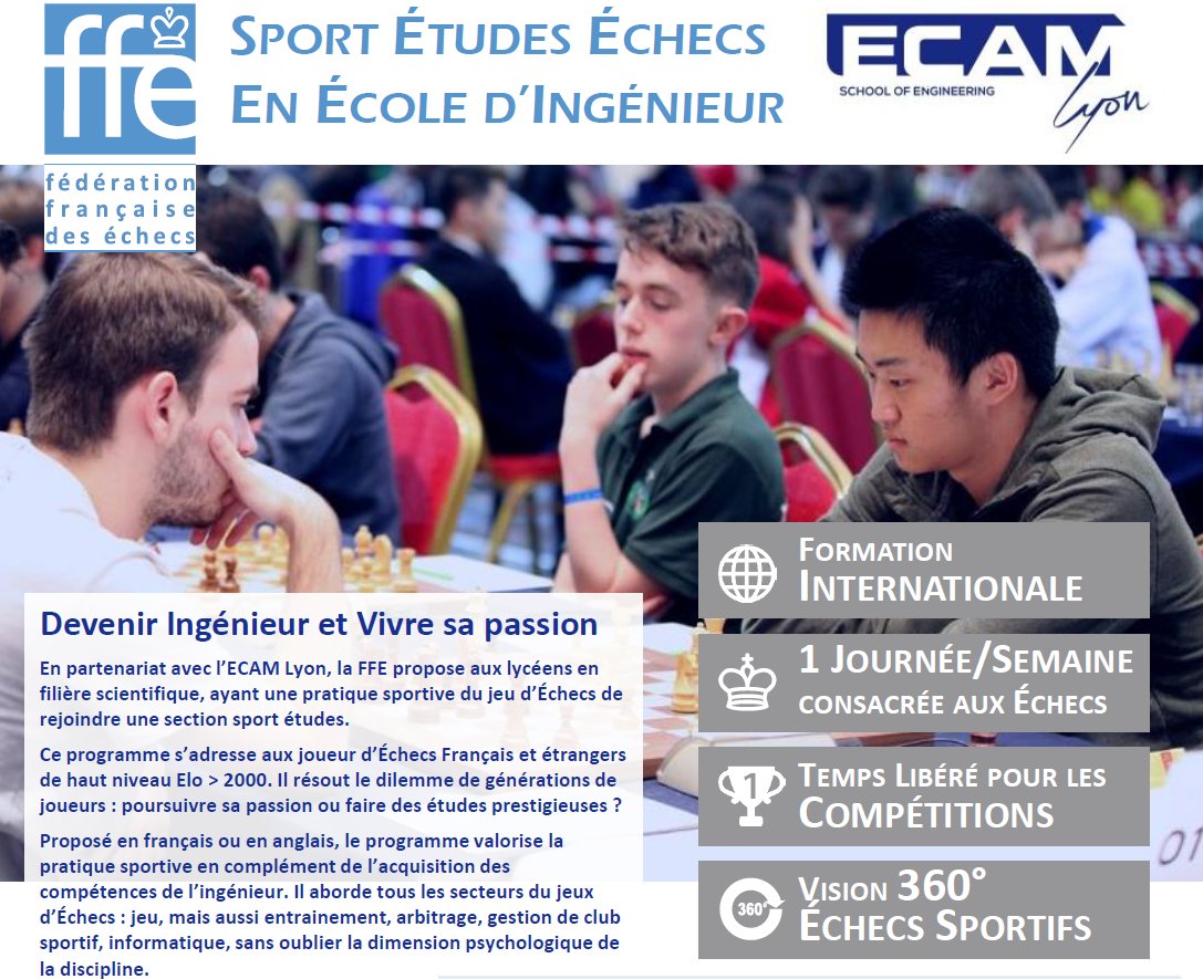 ffechecs's tweet image. Un parcours #Sport #Études #Échecs en École d&apos;#Ingénieur ! La FFE, en partenariat avec l’@ECAMLyon, propose aux lycéens en filière scientifique et ayant une pratique sportive du jeu d’échecs de rejoindre une section sport études.
Découvrez ce programme sur bit.ly/EchecsEtudes