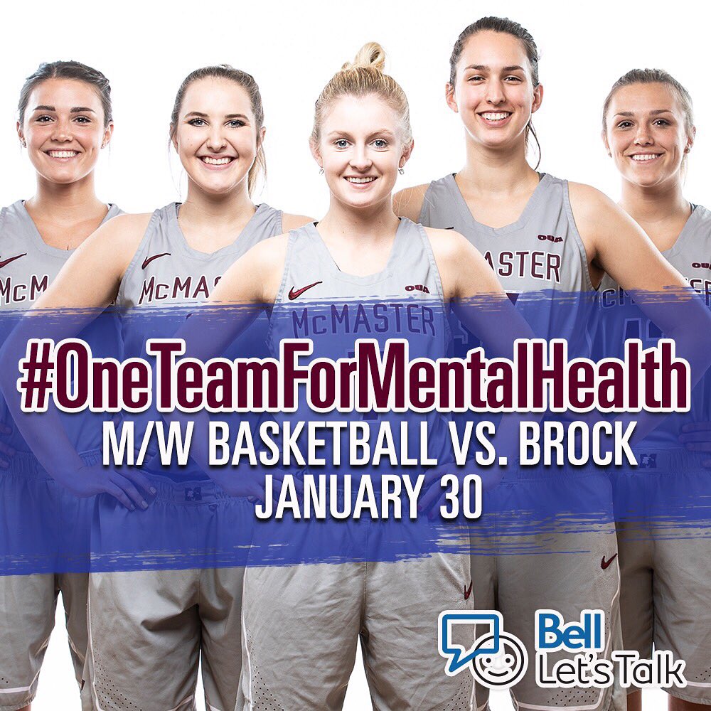 Join us Wednesday for a 🏀 double header vs. <a href="/brockbadgers/">Brock Badgers</a> in support of #BellLetsTalk day! Attending the student-athlete panel earlier in the day? Skip the box office and grab your FREE student ticket there! 🎟
.
.
.
#GoMacGo #OneTeamForMentalHealth 🤝
(📸: @mphcentral)