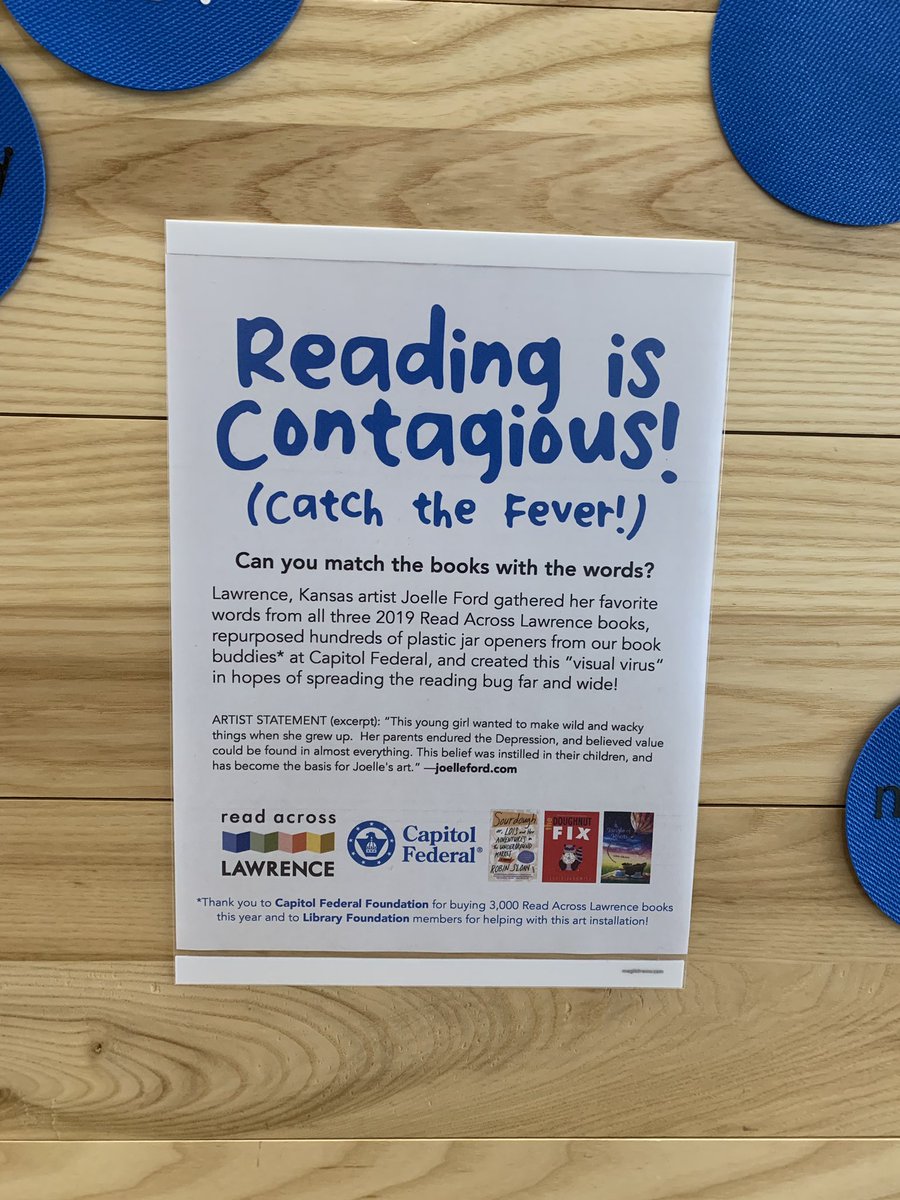 lawrencelibrary's tweet photo. Yes, those are spots before your eyes!
Joelle Ford’s “Reading is Contagious” installation in the lobby is inspired by this year’s Read Across Lawrence titles. Can you tell which book the words belong to?
Big thanks to the @CapFed Foundation for supplying the medium! #RAL2019 https://t.co/bYoVbCL7oG