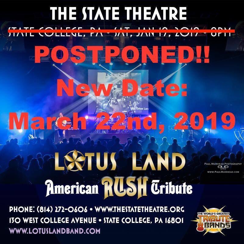 LotusLandTrbute's tweet photo. Attention State College PA RUSH fans.    Please note our January show has been postponed until March 22nd.    We hope to see you there! https://t.co/Ej6HfLGuzl