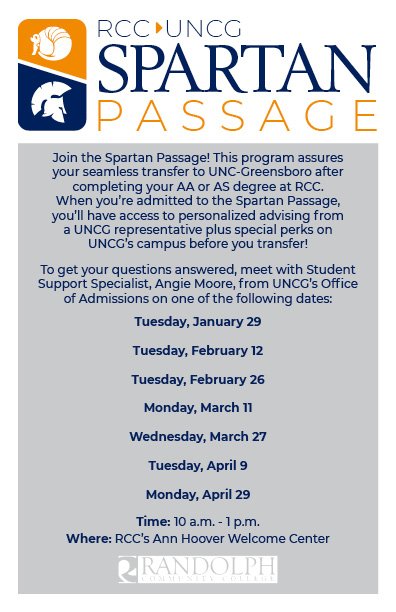 RandolphCC's tweet image. RCC ---&amp;gt; UNCG: Join the "Spartan Passage!" What is that, you may ask? Stop by the Welcome Center tomorrow anytime between 10 a.m. - 1 p.m. to find out more about this awesome opportunity for our transfer students! #RCCProud #SpartanPassage