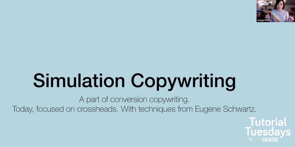 copyhackers's tweet image. It's up! Have a 👀at the most recent #TutorialTuesdays replay and Iearn 4 old-school copywriting techniques (re: #EugeneSchwartz) to better simulate reality for your prospects and get their imaginations working. bit.ly/2RmZhaX