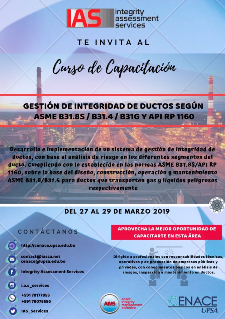 IAS_Services's tweet photo. En pro de contribuir al desarrollo del potencial del capital humano profesional en el área, Integrity Assessment Services, en conjunto con la Universidad Privada de Santa Cruz de la Sierra (UPSA) los invita a participar en el Curso de Capacitación Gestión de Integridad de Ductos https://t.co/jK85GMh9xS