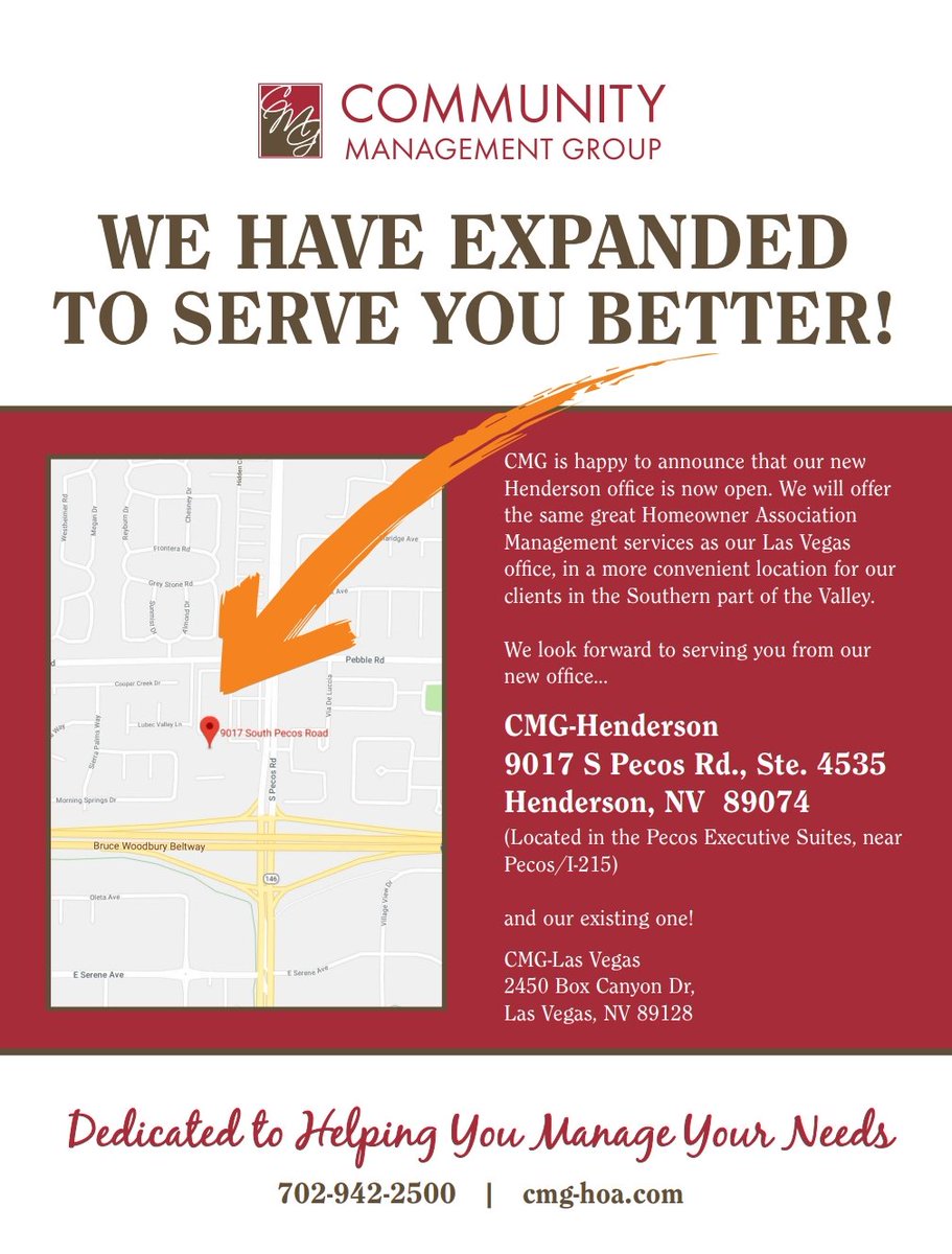 CMGhoa's tweet photo. CMG has expanded to serve you better! We are proud to announce our Henderson Office is now open! To schedule your appointment and get the same great service as our Las Vegas office or for more information, contact the Henderson Team at 702.942.2500 to schedule a time for you. https://t.co/kCMEEJOpPj