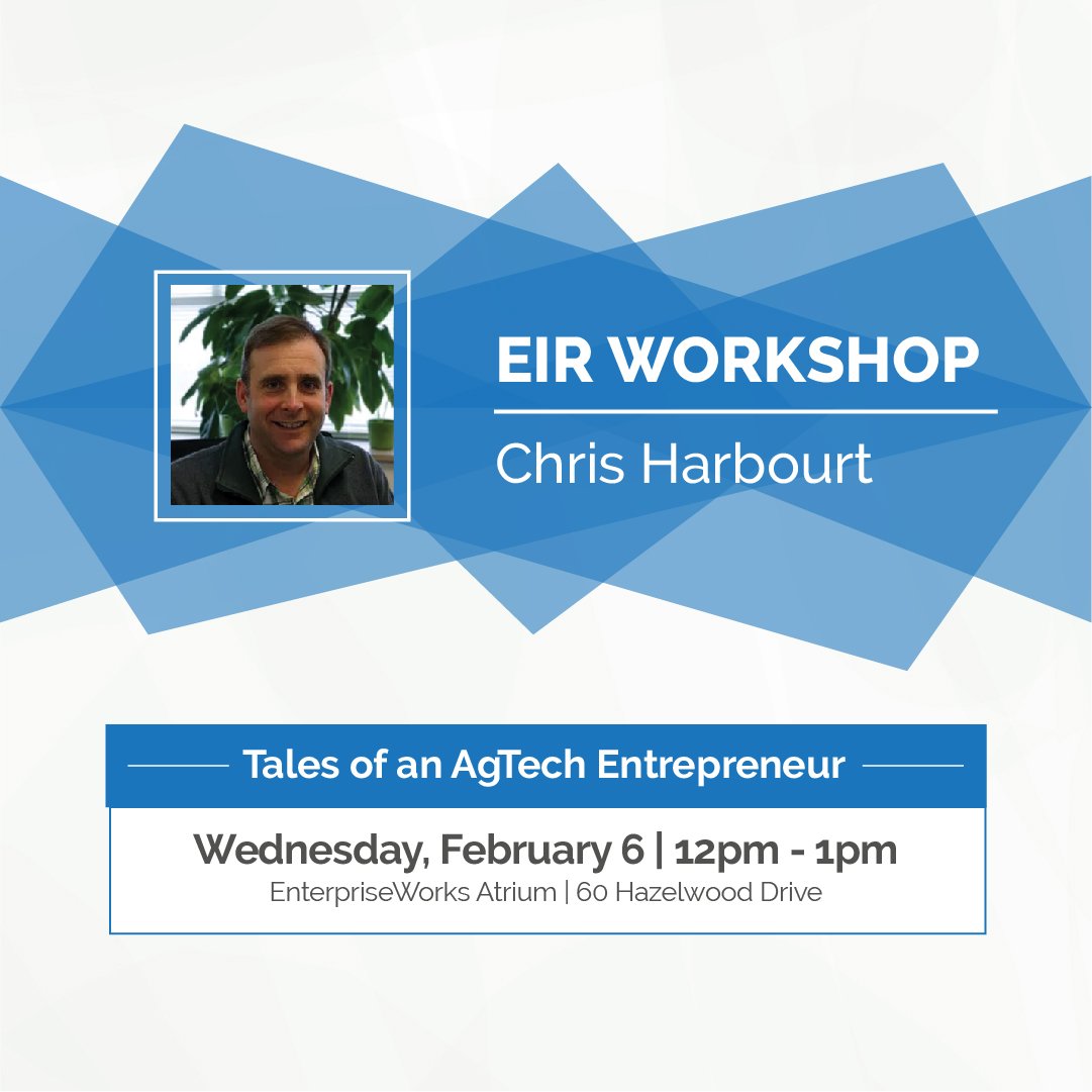 UIResearchPark's tweet photo. In anticipation of our annual AgTech Summit in March, entrepreneur Chris Harbourt will be talking about his journey as an AgTech #entrepreneur, through #startup phase to scaling to funding &amp; beyond. This lunch workshop will be on February 6 at 12 pm.
#agtech19 #sustainability https://t.co/ue4G9CbXvn