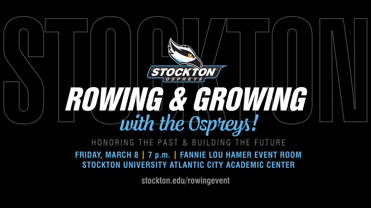 stocktonospreys's tweet photo. Join us as we honor rowing icon Stan Bergman and welcome new head coach John Bancheri at the inaugural Stockton Rowing fundraiser. Enjoy a strolling cocktail reception and entertainment by Stockton students. To purchase tickets: https://t.co/AmAsOhZHSn https://t.co/XeYCvGWoay