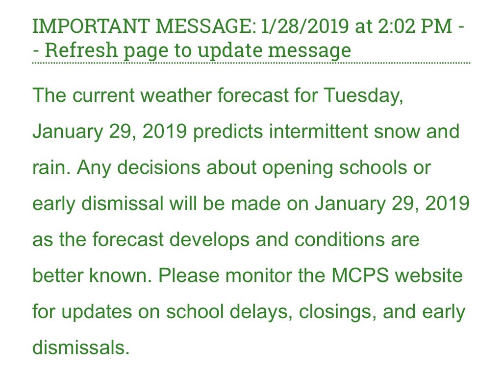 TheMoCoSnow's tweet photo. They went from #RedFont to green font.
From the MCPS website for anyone who missed it.
MoCoSnow update coming this evening. https://t.co/er5p7IxZZJ