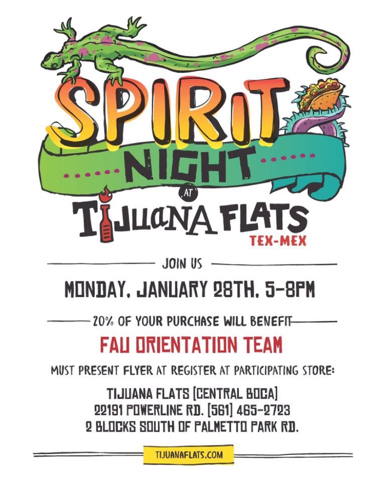 Join the Orientation Leaders tonight as they get ready to showcase their FAU spirit at SROW! Swing by @tijuanaflats between 5-8 p.m. and Andrew and Libby, two of our Mentor OL’s will be there to greet you so be sure to say “hey”. See you tonight! #pretacotuesday