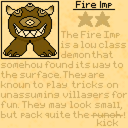huntersuckss's tweet photo. Here's Fire Imp's page from the monster manual! 

#pixelart #pixel #gif #pixelartist #demon #imp #fireimp #videogameart #creature #monster #monstermanual #bestiary #jrpg #mockup #fakegame #fakejrpg https://t.co/KFoHMOqXA0