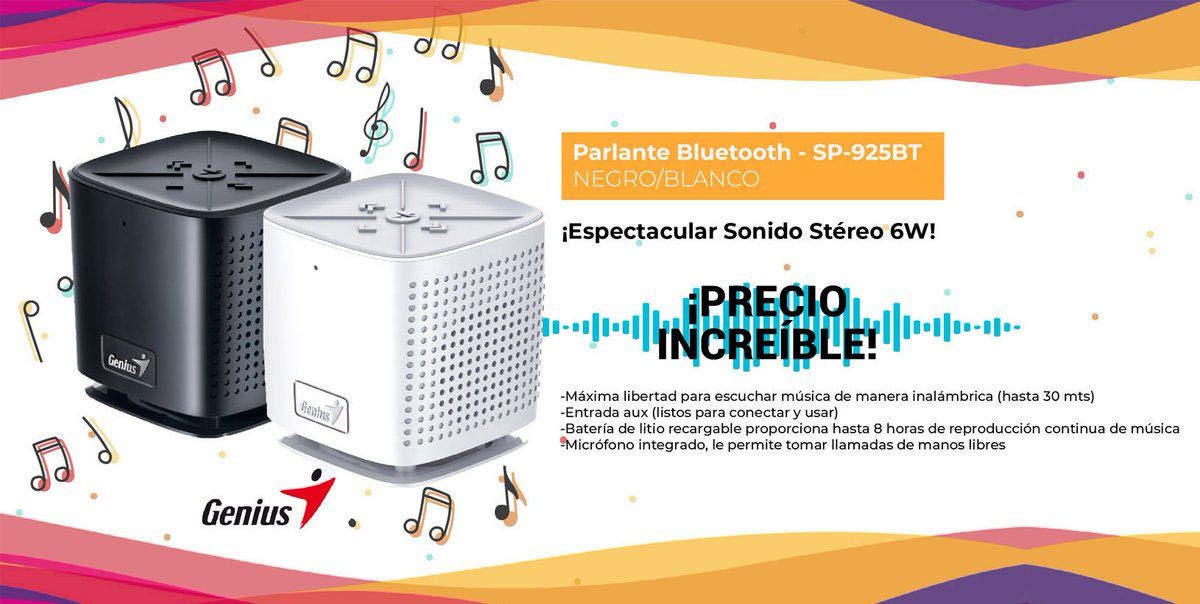 ¡Espectacular Sonido Stereo! Parlantes #genius SP-925BT🔊Listos para conectar y usar! con batería de litio recargable🔋hasta 8 horas de reproducción continua 🎶Micrófono integrado📱Colores disponibles: Blanco y Negro. Comprá en nuestra web: bit.ly/2Us7axP 🛒😍🛍