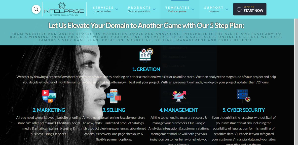 intelprise's tweet photo. "Let #Intelprise Elevate Your Domain to Another Game" with Our 5 Step Plan: #website CREATION, #DigitalMarketing , #ecommerce , #CMA (content management AND #CYBERDEFENSE. https://t.co/uPRq5AloYo