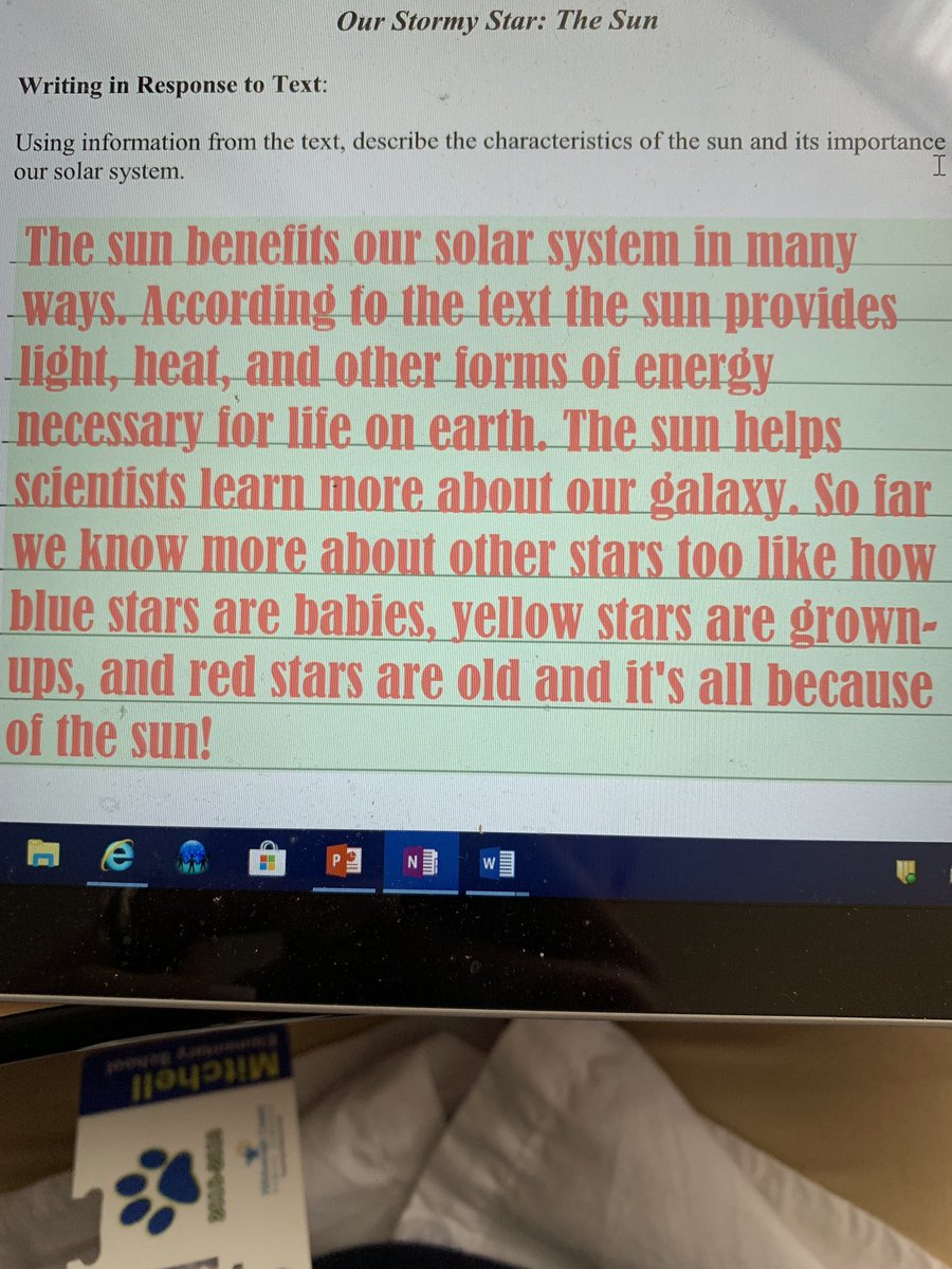 Follow up week 3: this student used a level text T, and identified key details. The S supports a main idea with several key details from the text and connects it to the main idea. Next step: categorize comparisons. 
#HCPSRead