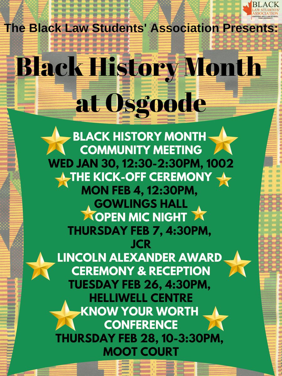 BLSA Osgoode (@blsaosgoode) on Twitter photo The Black Law Student’s Association at Osgoode invites you to celebrate Black History Month with a myriad of events to commemorate the various contributions of Black people, past and present, to Canadian society. All events will take place on the Osgoode campus located at York U The Black Law Student’s Association at Osgoode invites you to celebrate Black History Month with a myriad of events to commemorate the various contributions of Black people, past and present, to Canadian society. All events will take place on the Osgoode campus located at York U