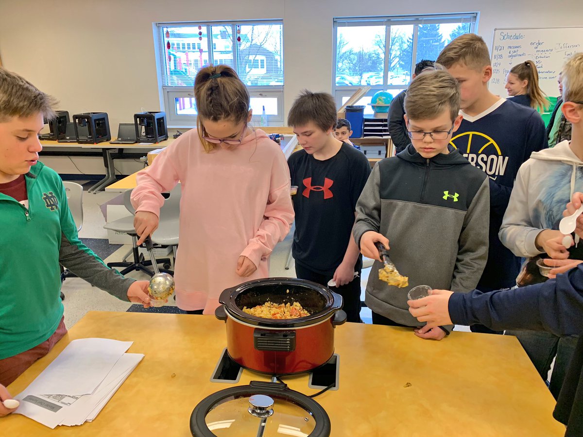 PatrickHazelton's tweet photo. After growing basil, parsley, and dill in the tower garden 6th grade students researched a recipe, made conversions to adjust the serving size, worked together to cook the dish, and judged each other’s dishes @wcs_jefferson #wcsSTEM #wcsmission https://t.co/2oxCbksRr2