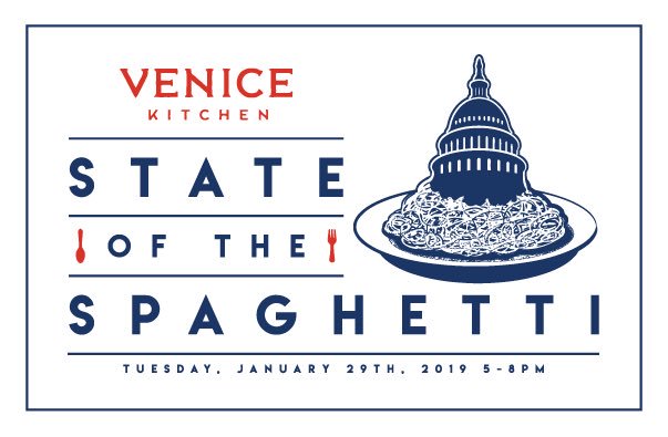 venice_kitchen's tweet photo. Join us on January 29 5-8pm for State of the Spaghetti. $5 spaghetti &amp; meat sauce (with non-alcoholic drink) and $1 from each plate will de donated to @FeedingAmerica to help families suffering from the #shutdown. More event details: https://t.co/wW604I58tO https://t.co/lNmIwwjFzs