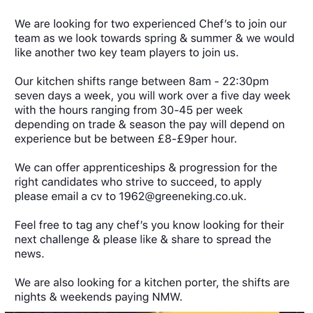 The ship, Barry, is looking for two experienced Chef’s to join the team as they look towards spring &amp; summer!

We can offer apprenticeships &amp; progression for the right candidates who strive to succeed, to apply please email a cv to 1962@greeneking.co.uk.