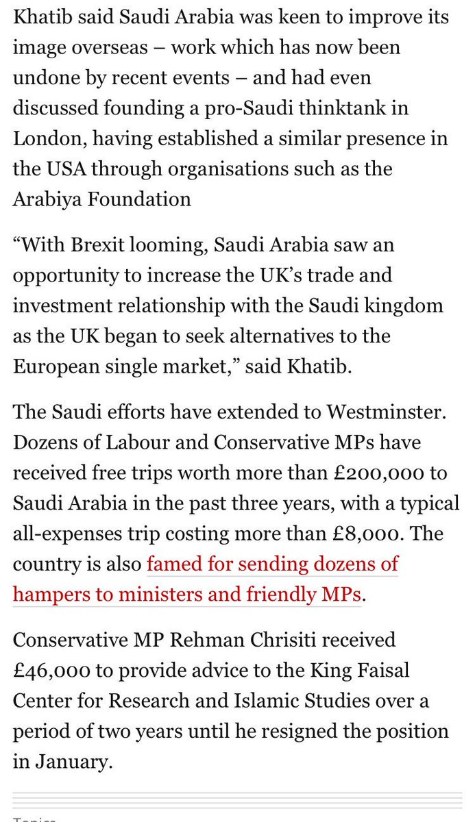 Saudi Arabia pays UK firms millions to boost image Partners at the firm include Ryan Coetzee, a former Nick Clegg adviser who was chief strategist for the remain campaign in the EU referendum.  https://amp.theguardian.com/world/2018/oct/19/saudi-arabia-pays-uk-firms-millions-to-boost-image