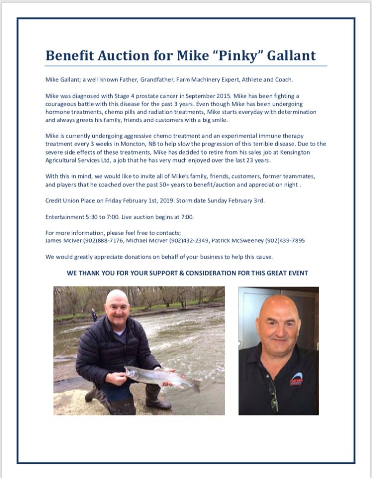 bgcSummerside's tweet photo. Come out Friday Feb 1st to help support a Summerside Legend Mike "Pinky" Gallant!  If you have a donation package to help show your support, please let us know.  We are putting up - golf for 6 with @gally44 and @algallant24 at @millriverpei for our tourny &amp; 6 Dinner Gala tickets. https://t.co/H0tAbyxanU