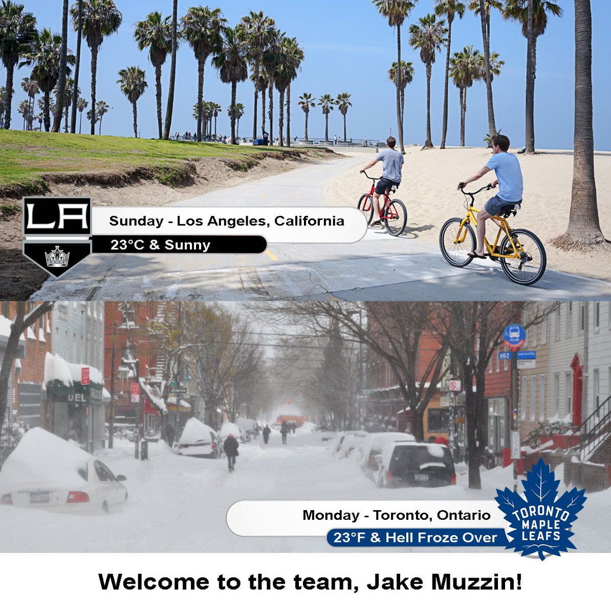 NickLongo14's tweet photo. @MapleLeafs @J_muzzz Welcome to the city! @LAKings https://t.co/c6sMityPjI