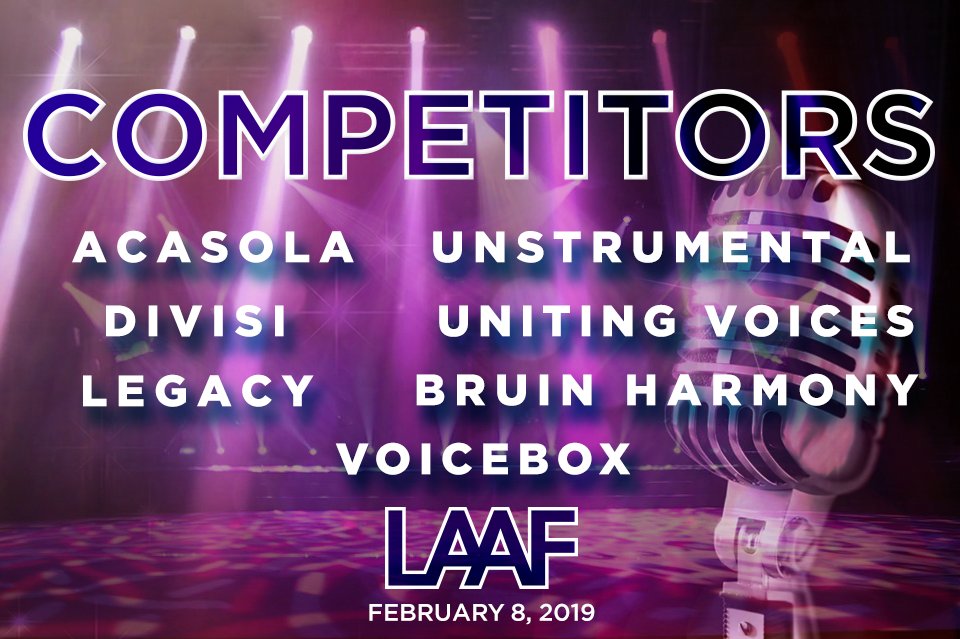 Now that you've met all of our competitors (<a href="/Csunacasola/">Acasola</a>, <a href="/uodivisi/">DIVISI</a>, @LegacyVox, <a href="/Unstrumental/">Unstrumental</a>, <a href="/UVatUCI/">Uniting Voices</a>, <a href="/BruinHarmony/">Bruin Harmony</a> and <a href="/TheVoiceBx/">Voicebox</a>), see them all in action at this year's Scholastic Competition! RSVP at the Facebook event here: facebook.com/events/5731529…