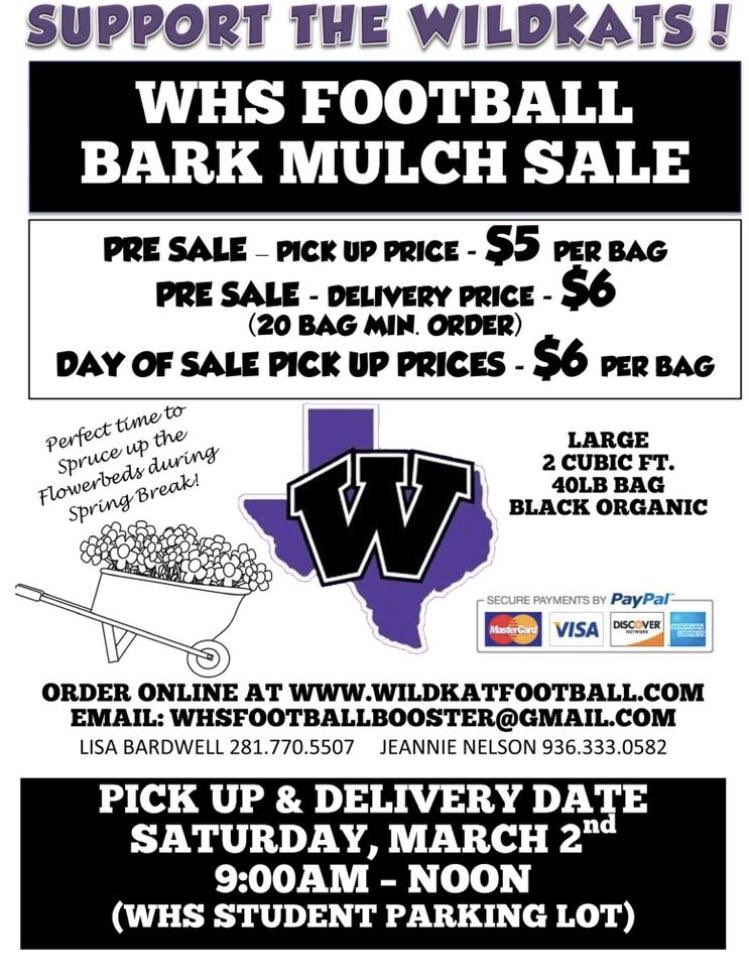 WillisWildkats1's tweet photo. Calling all Wildkats! It is bark mulch fundraiser time. It’s a great deal at $5 per bag and it will support the 2019-2020 Wildkat Football Team. Let’s make it the best year yet! https://t.co/laFQofzr0Z