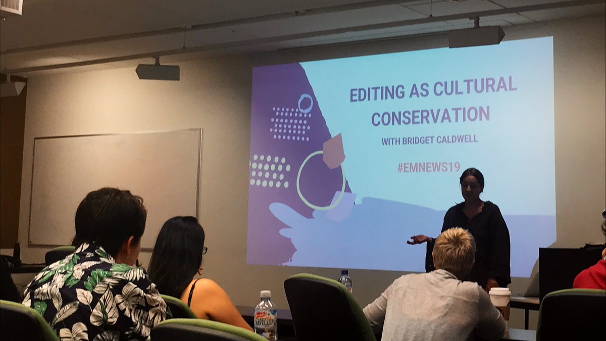 bethanyaq's tweet image. There’s a heavy responsibility as a storyteller to tell it like it is &amp;amp; my role as an editor is to hold space for my ppl. Alexis Wright talks about the ‘physiological invasion’ from all who have told false stories about this country,it’s a storytelling war- @bridgetblou #EMNEWS19