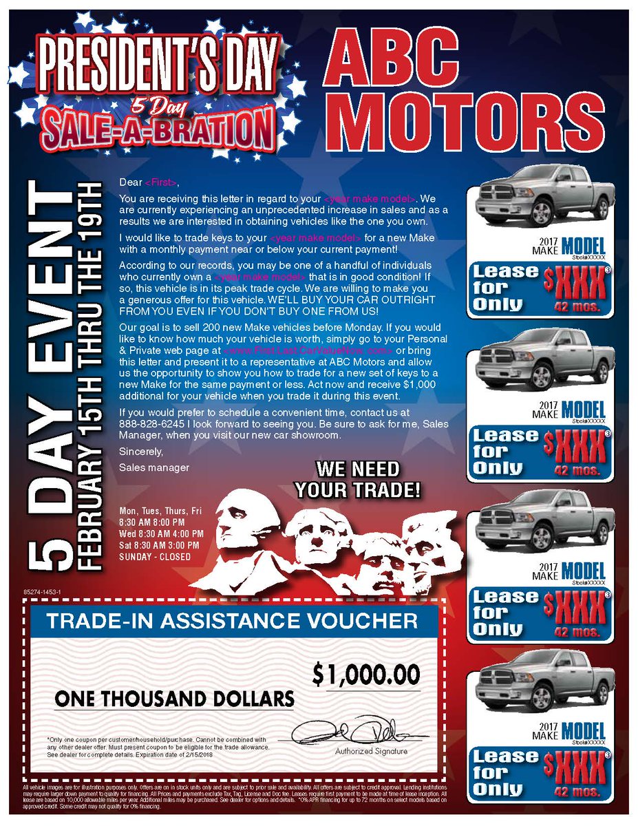 DealerAutoGroup's tweet image. President's Day Sales Event.  DAG Marketing will get your message in front all area shoppers. 10,000 Mailers | 300,000 emails | 2,000 BDC Equity calls