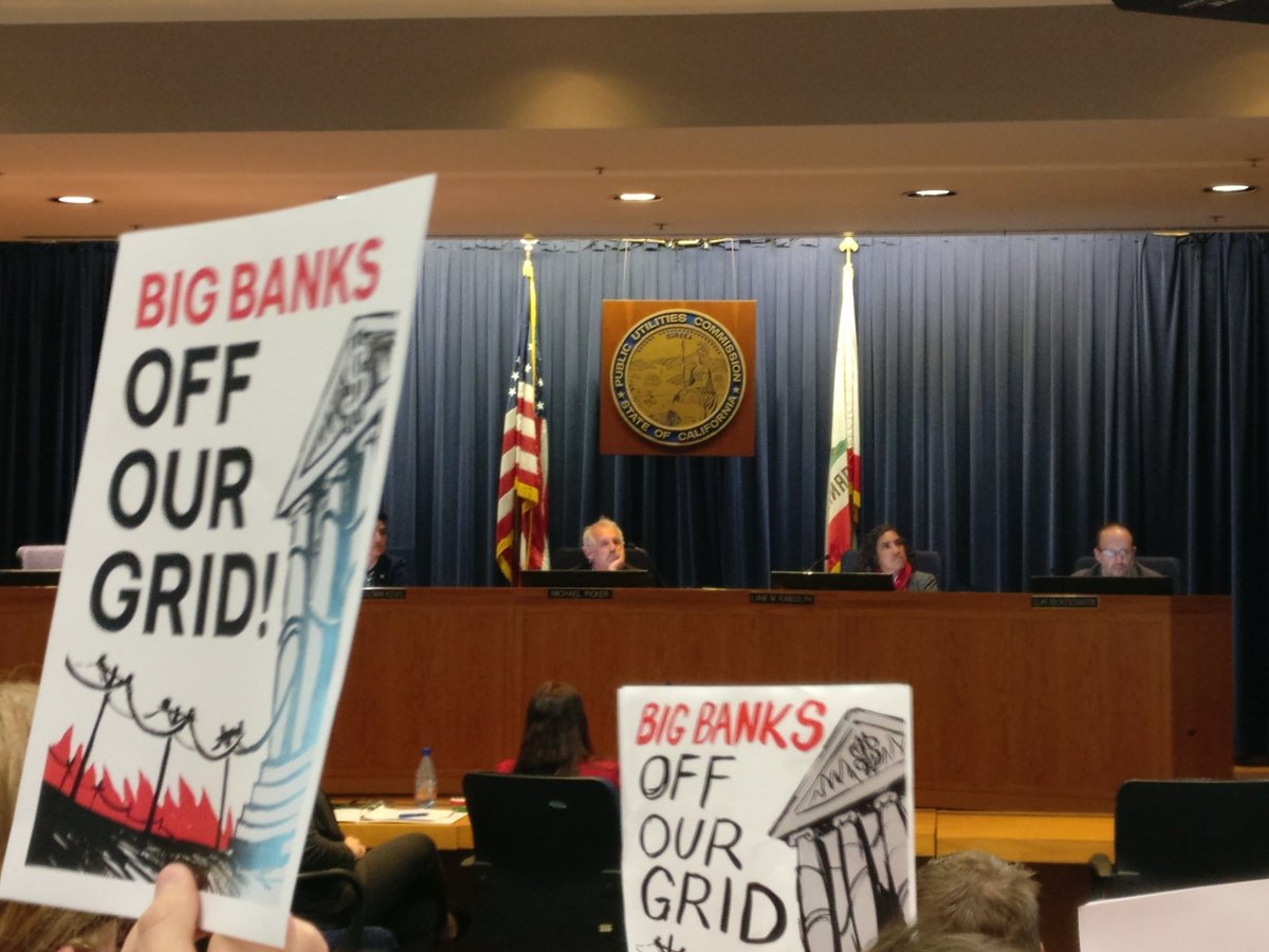We're at the 'emergency' #CPUC meeting called at the last minute to discuss a $6 billion bailout for PG&amp;E structured to pay back Wall Street banks before the fire victims. Hearing room is full of people saying #NoPGEbailout