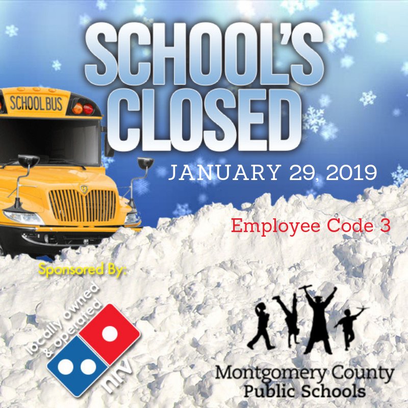 mcps_va's tweet image. MCPS schools are closed on Tuesday, January 29. Employee Code 3.

This snow day post is sponsored by your locally owned and operated Dominos. 🍕🍕🍕#SnowDay #ThisisMCPS