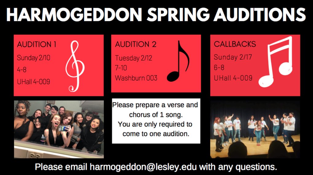LUHarmogeddon (@harmogeddon_) on Twitter photo Have you *ever* so much as hummed a little tune, soft and fierce, like the flame of a candle flickering in the darkness? Well if you have and would like to agàin, then Harmogeddon is for YOU! Come to our spring auditions, email us at harmogeddon@lesley.edu for more information🎶 Have you *ever* so much as hummed a little tune, soft and fierce, like the flame of a candle flickering in the darkness? Well if you have and would like to agàin, then Harmogeddon is for YOU! Come to our spring auditions, email us at harmogeddon@lesley.edu for more information🎶