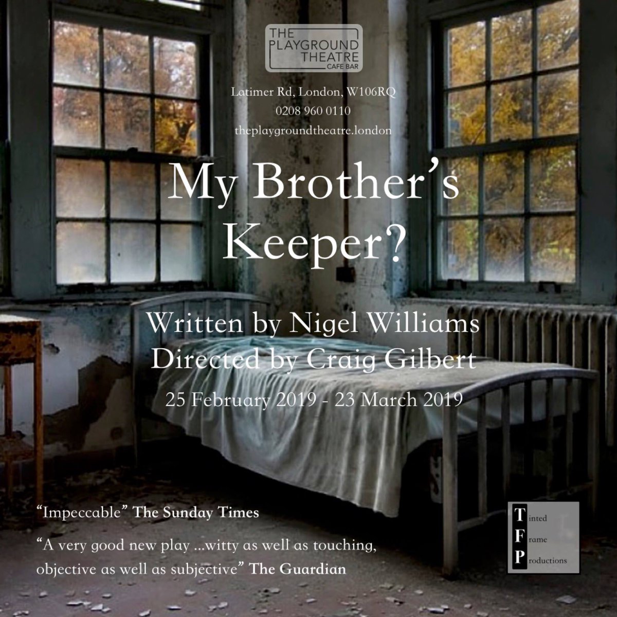 reayj2003's tweet photo. Looking forward to starting rehearsals on #mybrotherskeeper produced by @TintedFrame playing at @PlaygroundW10 #London directed by my old pal #craiggilbert starring #andydelatour #2019 https://t.co/ODIQT2bsae