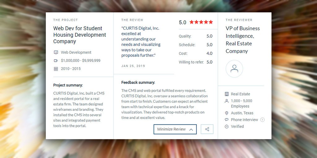 Working with awesome clients and solving complex problems is why we do this job. So pleased with our most recent review on <a href="/clutch_co/">Clutch</a> 
clutch.co/profile/curtis… #clutch #atxtech #webapp