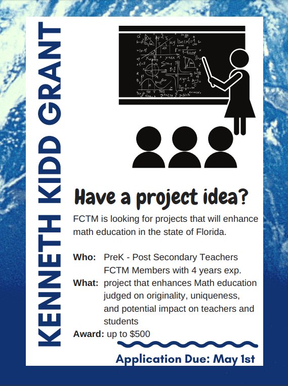 FCTM will award up to four mini-grants of up to $500 for projects to improve mathematics education in the State of Florida.
For more information, fctm.net/what-we-do/gra…