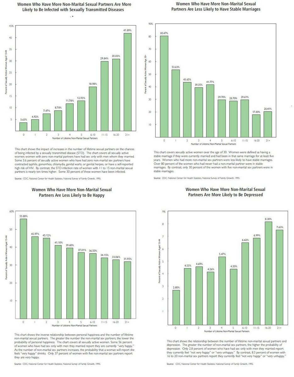 Women who have more than 1 sexual partner are more likely to get divorced, get depressed, be unhappy and get STDs https://www.cdc.gov/nchs/data/series/sr_23/sr23_022.pdf