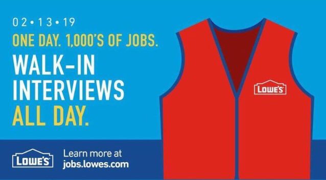 acarrmsu's tweet photo. Calling all those looking for a retail career! Loweโs National Day of Hire is taking place on February 13th in all stores from 10a-4p. ๐จ๐งฐ๐ง#michiganjobs #centralMI #westernMI #loweslife https://t.co/LlBHRbfVoP