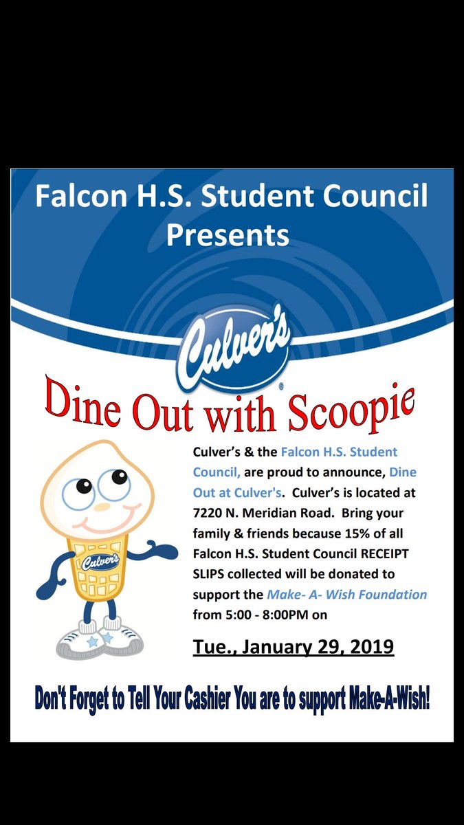 bring your friends and family and mention our fundraiser when you come to culvers in falcon tomorrow night! 💙