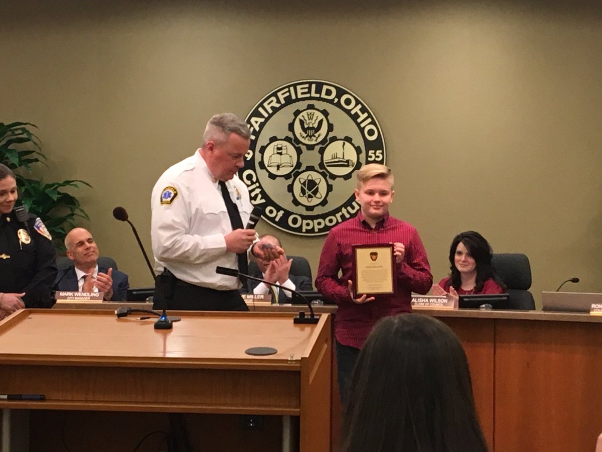 FCSDNews's tweet image. Myles Macbeth, a 7th grader at Creekside Middle School, was recognized tonight, along with a 911 dispatcher, by the City of Fairfield for saving his grandfather’s life. Myles called 911 when his grandfather fell. Great job, Myles!
 #FairfieldPride