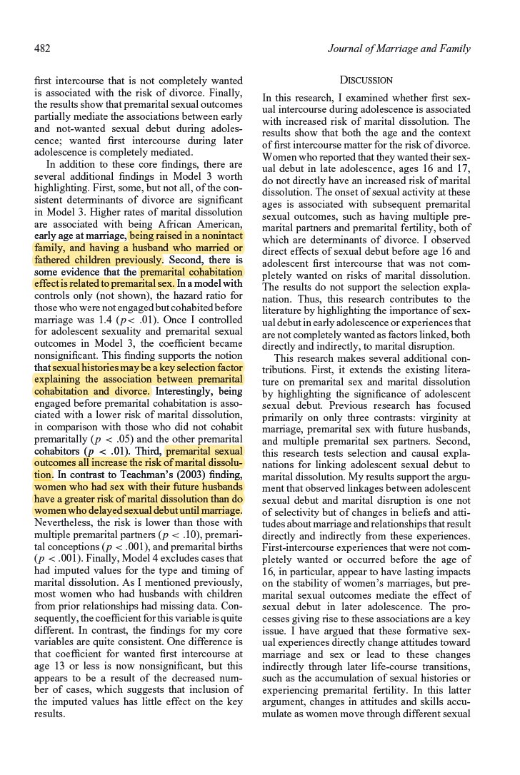 Engaging in pre-marital sexual behavior and cohabitation before marriage leads to pre-marital sex and higher rates of divorce. People raised in nonintact families are also more likely to have higher divorce rates. https://onlinelibrary.wiley.com/doi/abs/10.1111/j.1741-3737.2010.00819.x