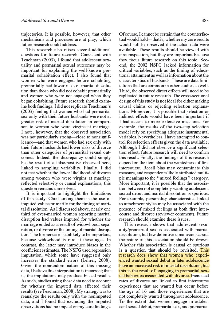 Engaging in pre-marital sexual behavior and cohabitation before marriage leads to pre-marital sex and higher rates of divorce. People raised in nonintact families are also more likely to have higher divorce rates. https://onlinelibrary.wiley.com/doi/abs/10.1111/j.1741-3737.2010.00819.x