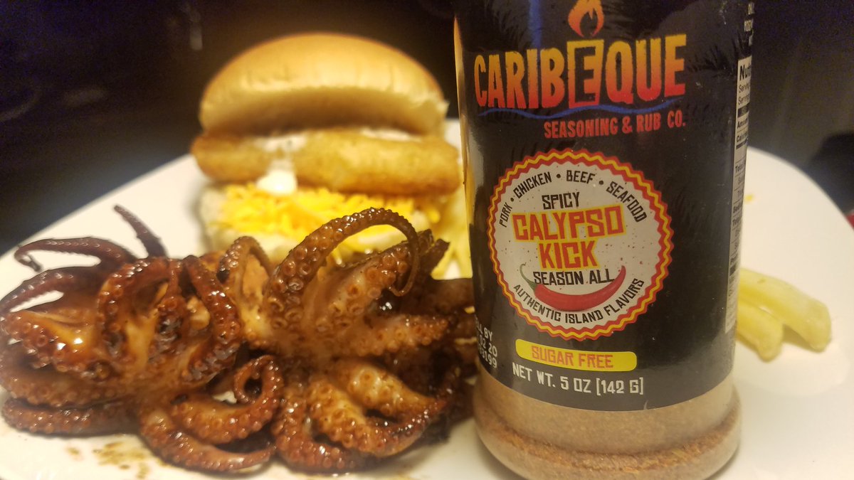 powerhausbbq's tweet photo. @Caribeque Calypso Kick garlic soy octopus with fish burger and fries. #caribeque #octopus #seafood #ohyeah https://t.co/TGr5jPu3Nh