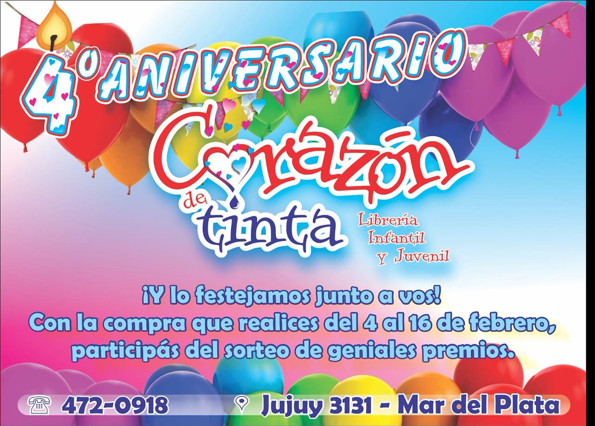 Festejamos 4⃣ años de vida... 🎈🎉🎊
Y lo festejamos junto a vos.
Con cada compra realizada entre el 4 y el 16 de febrero, participás por el sorteo de libros y otros premios sorpresa!! 😉💕
3⃣0⃣ Premios entre todas las personas q realicen una compra: libros y mucho más!!!